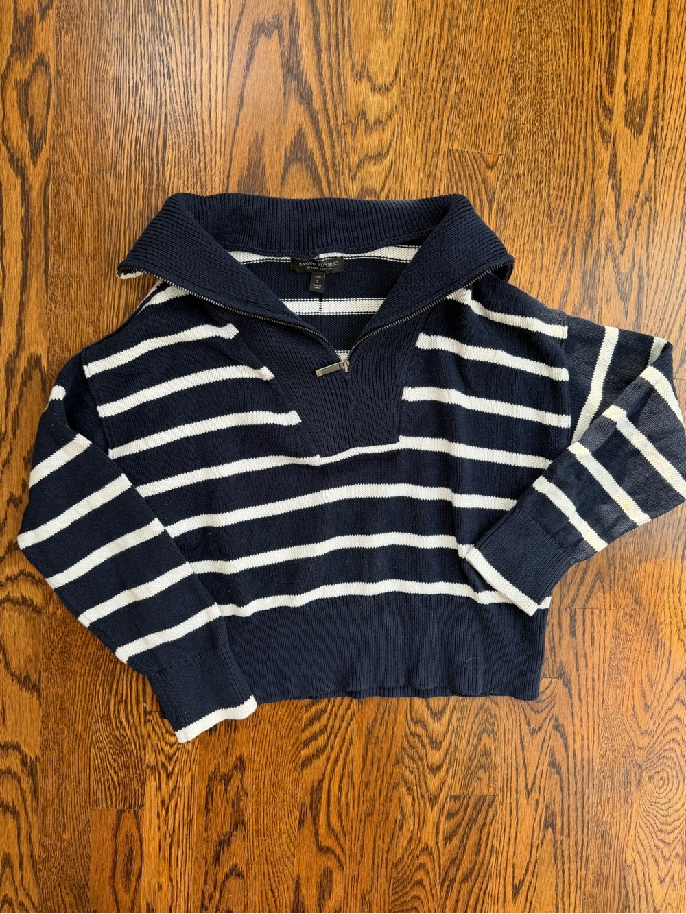 Organic Cotton Navy & White Cozy Striped Shawl-Collar Half-Zip Preppy Sweater